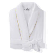 White robe with a gold trim on a white background. Shop Meriton Suites.