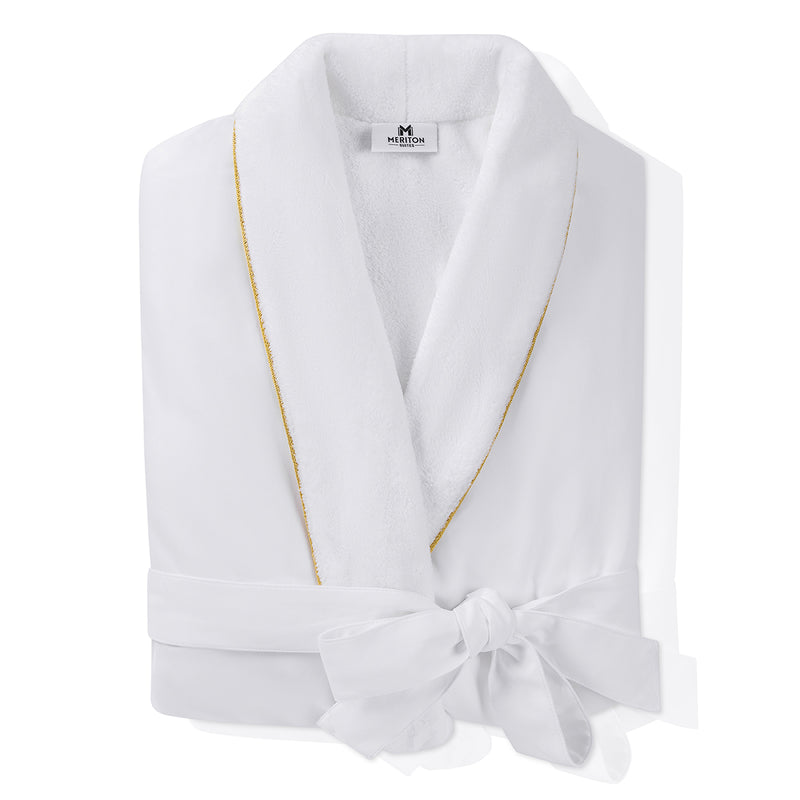 White robe with a gold trim on a white background. Shop Meriton Suites.