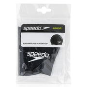 A packaged black Speedo Junior silicone swim cap inside a clear plastic hanging bag with a white and black label.