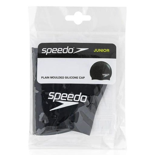 A packaged black Speedo Junior silicone swim cap inside a clear plastic hanging bag with a white and black label.