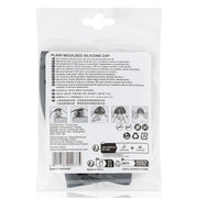 The back of a clear plastic bag containing a plain moulded silicone cap, with extensive product information, illustrations, and a barcode printed in black text.