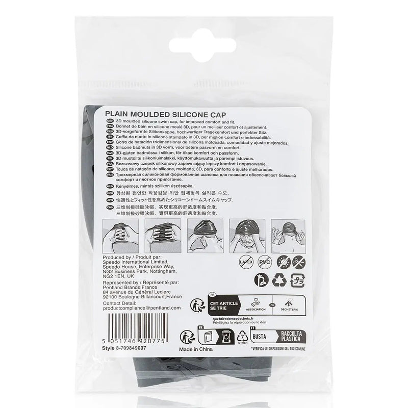 The back of a clear plastic bag containing a plain moulded silicone cap, with extensive product information, illustrations, and a barcode printed in black text.