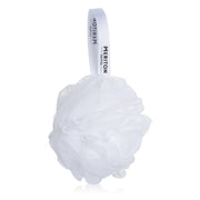 White bath pouf with 'Meriton Suites' branding on a white background. Shop Meriton Suites.