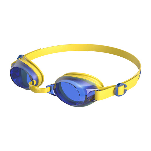 Blue swim goggles with yellow frame on a white background. Speedo