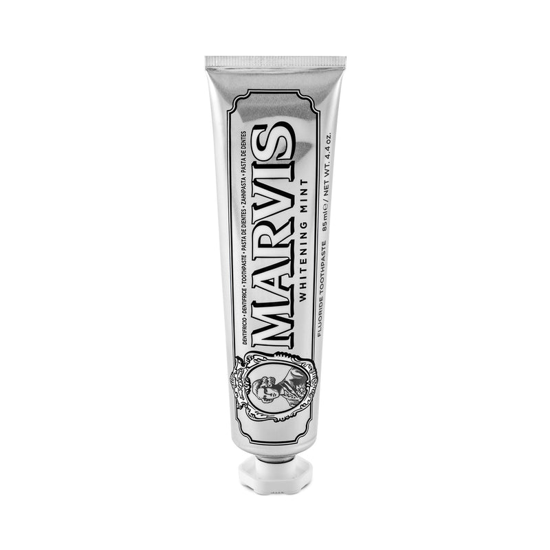 A squeeze tube of Marvis Whitening Mint toothpaste, featuring a metallic silver tube with black text and illustration, set against a plain white background.