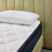 Mattress with white quilted cover and pillows against a green upholstered headboard.