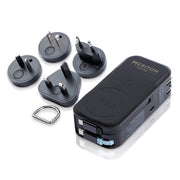 Shop Meriton Suites SnapWirless Lite travel power adapter in black, shown with four different plug types and a silver metal carabiner clip on a white background.