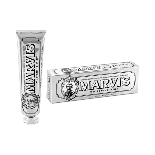 Marvis Whitening Mint toothpaste tube and packaging on a white background.  Shop Meriton Suites.