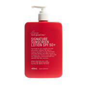 A 400mL red pump bottle of We Are Feel Good Inc. Signature Sunscreen Lotion SPF 50+ on a solid white background. Shop Meriton Suites. We are feel good inc. spf sunscreen.