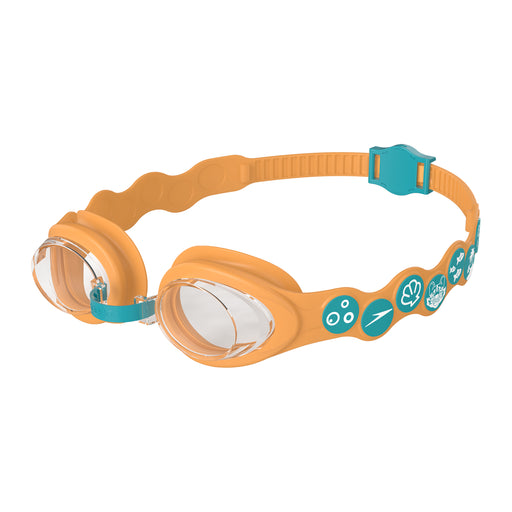 Speedo Orange swim goggles with blue accents on a white background