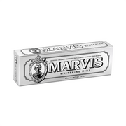 A box of Marvis Whitening Mint toothpaste, shown at a three-quarter angle on a clean white background. Shop Meriton Suites.