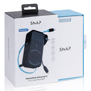 White and light blue retail packaging for the SNAP PowerPack Universal 2 travel power bank, showing the product photo and included accessories on the box. Shop Meriton Suites SnapWirless