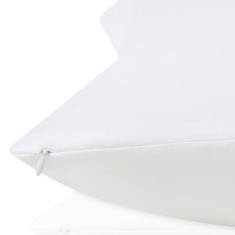 White shower curtain with a small silver handle on a white background.  The Lad Collective bed linen from Shop Meriton Suites.