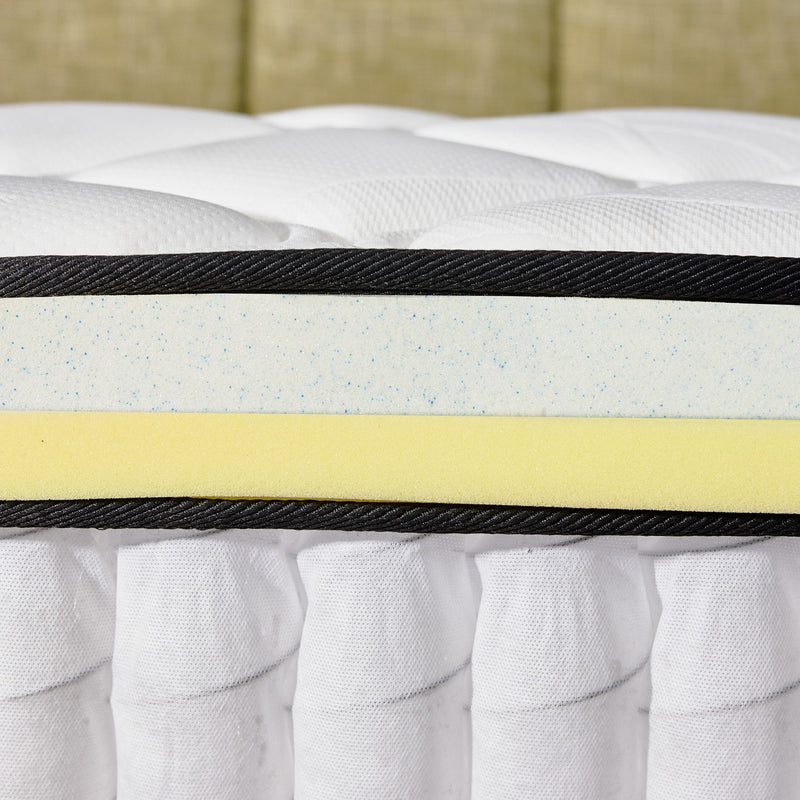 Close-up of a mattress with visible layers including a yellow foam layer.