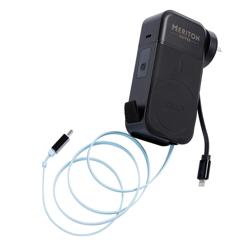 Meriton Snap 2-in-1 wireless charger and phone cable in black, featuring a light blue cable coiled next to it, on a solid white background.